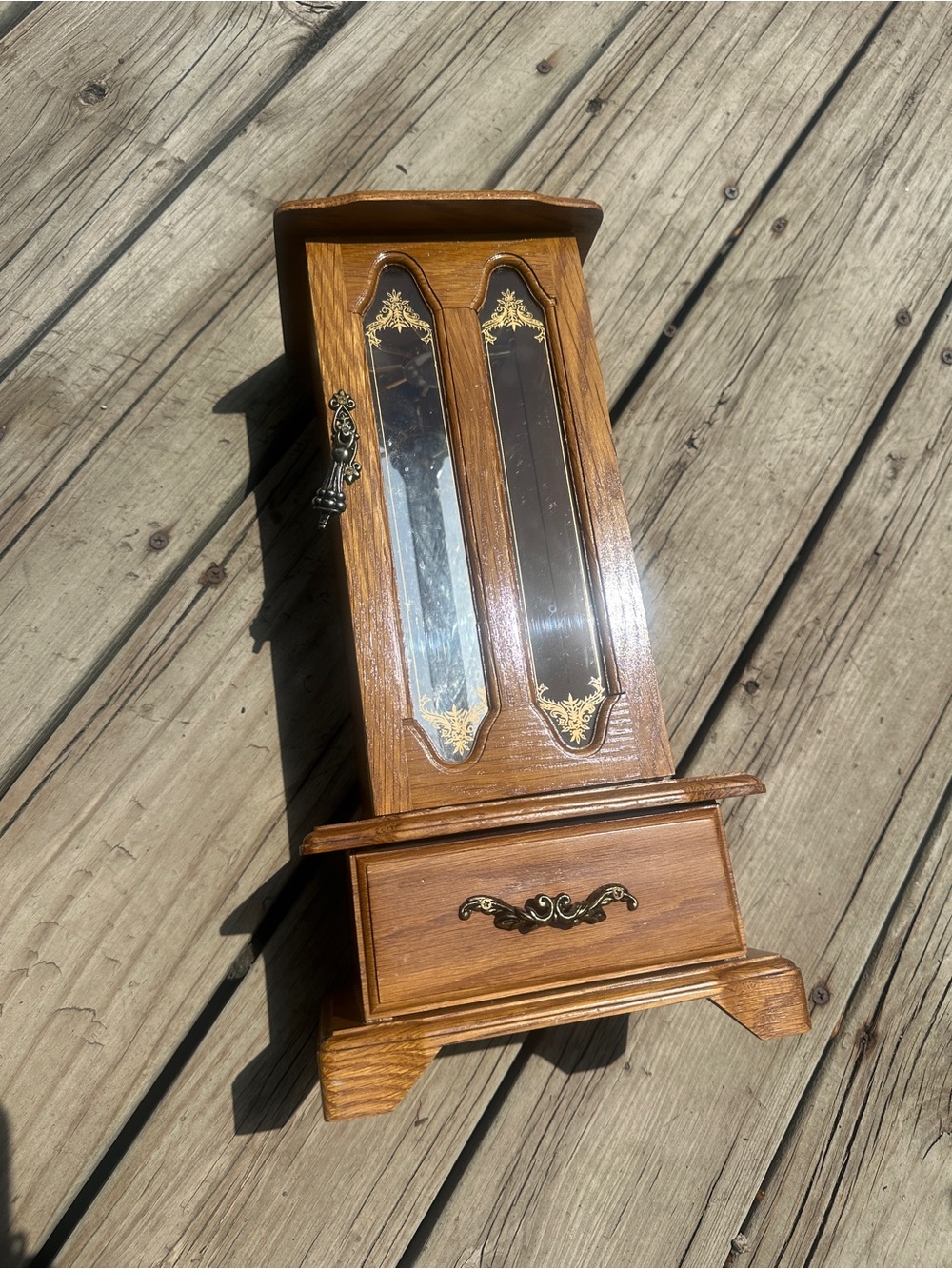 Wooden Tall Jewelry Box Armoire Glass Door Mirror Drawer Necklace Hanger Vintage